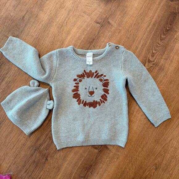 New Carters Baby Boy Gray Knitted Lion Retro Modern Sweater Size 18M w hat - Picture 1 of 5